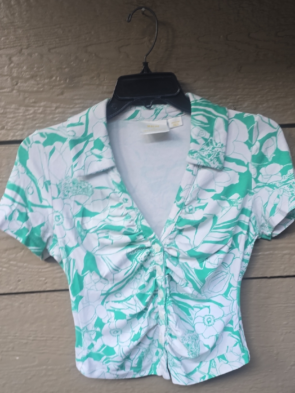 Anthropologie Maeve Green White Ruched Crop Button-down Collar Top Medium - Picture 2 of 5